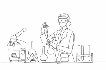 Single continuous line drawing a female scientist is conducting experiments in a laboratory. Holds a test tube and flask. Passion for science. Scientific discovery. One line design vector illustration