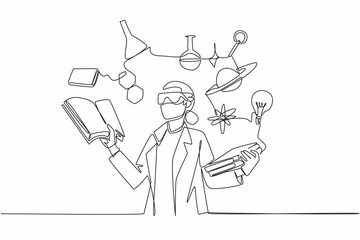 Single one line drawing female scientist surrounded by scientific symbols. Symbolizing knowledge. Research. The contributions of women in STEM fields. Continuous line design graphic illustration