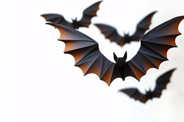 Naklejka premium Bats in flight, fluttering gracefully across the frame. Halloween and decoration concept - paper bats flying isolated on a white background.