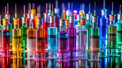 Obraz premium A Colorful Array of Syringes in Low Light, Perfect for Medical and Healthcare Designs, Showcasing Various Sizes and Colors for Creative Visuals and Illustrations