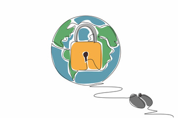 Single one line drawing a mouse connected to a globe with a padlock in the middle. Global security, data protection. Secure. Safety. Safer Internet Day. Continuous line design graphic illustration