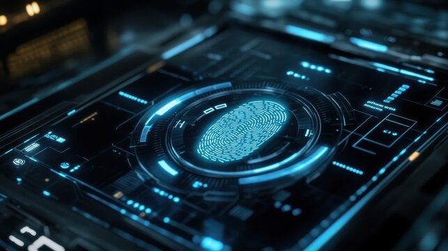 Close-up of a glowing fingerprint scanner on a smart device, unlocking a sleek,