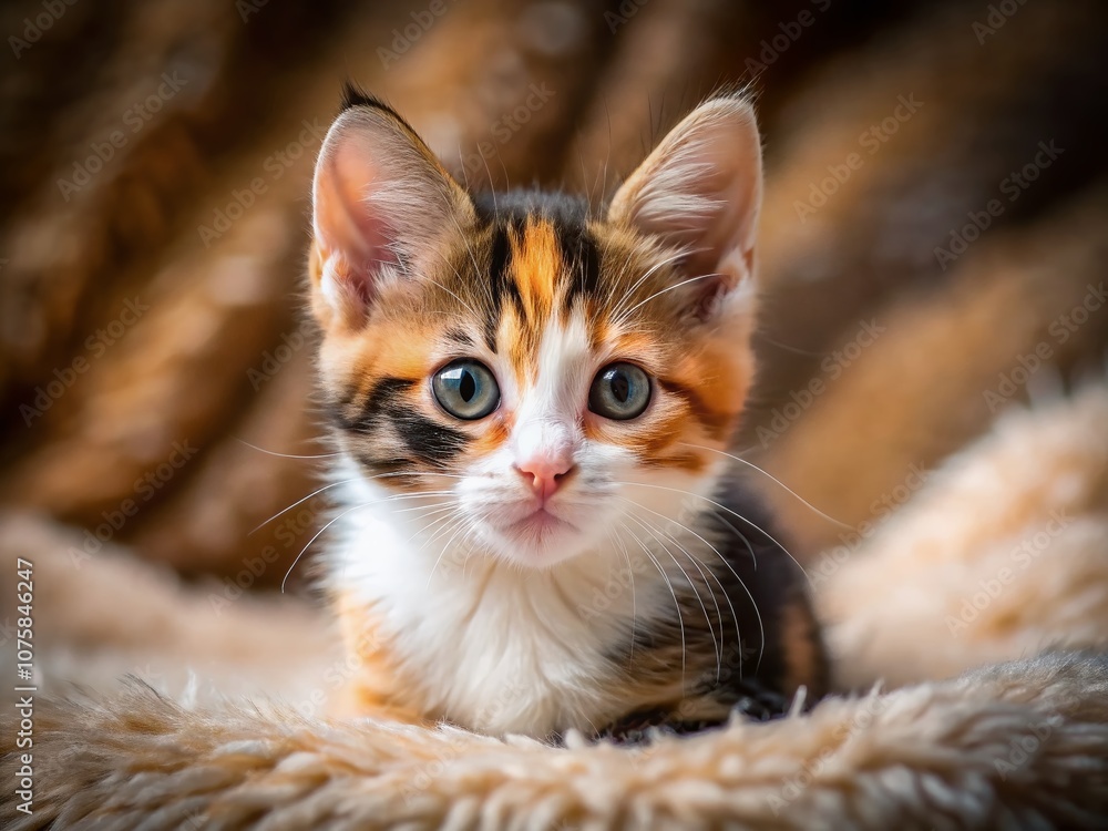 Aufkleber adorable calico kitten portrait in soft lighting showcasing unique fur patterns and playful expressi