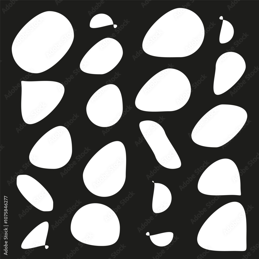 Poster abstract blob shapes. organic white forms. black background contrast. minimal vector design.