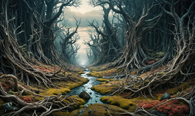 A winding stream flows through a dense forest of gnarled trees, the branches intertwining overhead to create a shadowy canopy