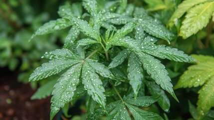 Close-up of cannabis leaves with morning dew drops