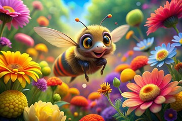 Fototapeta premium Adorable Panoramic Illustration of a Cute Bee in a Vibrant Flower Garden Capturing the Essence of Nature's Beauty and the Joy of Pollination in a Whimsical Style
