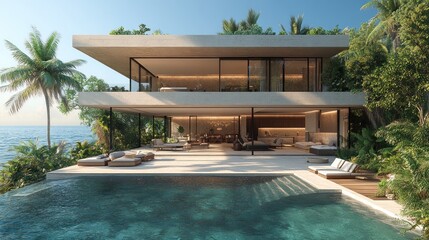 Fototapeta premium Modern villa with pool and tropical surroundings by the sea.