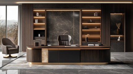 Modern office interior with a large wooden desk, a leather chair, and a marble wall.