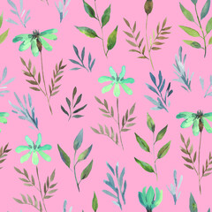 Fototapeta premium Watercolor seamless pattern with simple delicate plants and flowers. Hand drawn artistic print 