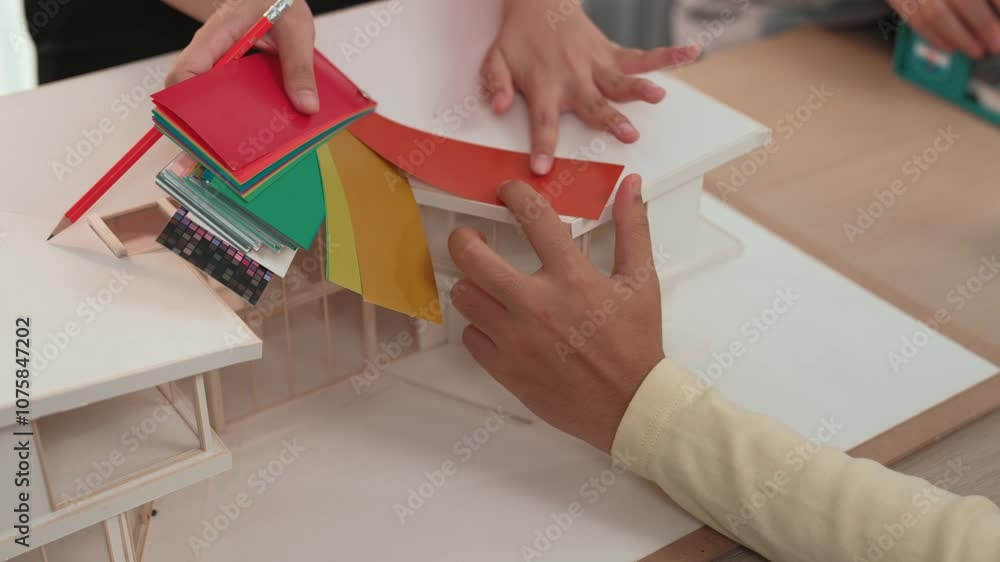 Poster slow motion home designer using architectural equipment draw a blueprint while interior designer sel
