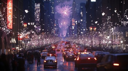 Obraz premium Crowded streets in a modern metropolis on New Year's Eve,
