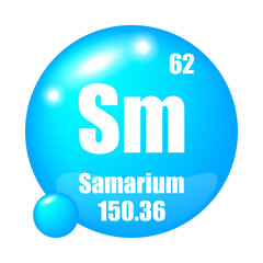 Samarium icon. Sm chemical element. Atomic number 62. Mass 150.36. Blue sphere vector.