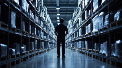 Fototapeta premium Solitary figure in a vast warehouse aisle