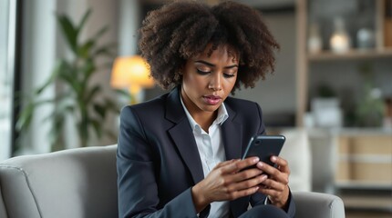 Focused woman in business suit using smartphone in modern office setting