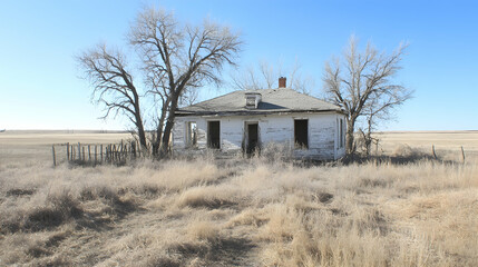 Abandoned Farmhouse in a Field, rural, grass, sky, trees, wooden