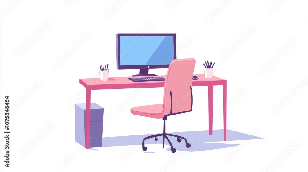 Poster empty flat vector workspace illustration: a desk with a computer,