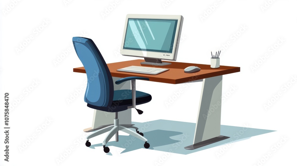 Poster empty flat vector workspace illustration: a desk with a computer,