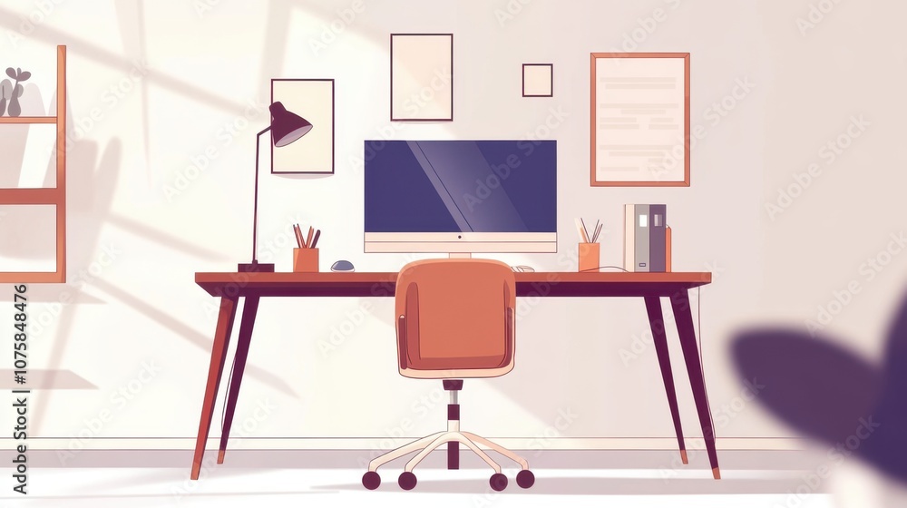 Poster empty flat vector workspace illustration: a desk with a computer,