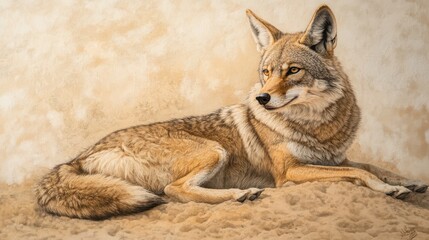 Obraz premium a Animal/Wildlife of A coyote representing, positioned to the right with a sandy soft-toned background