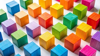 Obraz premium Aerial View of Colorful Wooden Blocks Arranged on a White Background for Educational and Creative Concepts