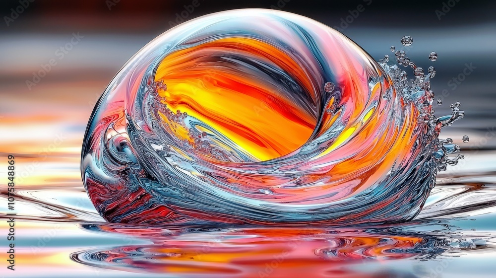 Poster abstract colorful water drop creating ripples with dynamic swirls and bright reflections on calm sur