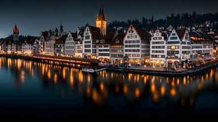 Nighttime View of the Historic Buildings and Bridge Over the River in Zurich, Switzerland, Europe, City, cityscape, cityscape lights, urban