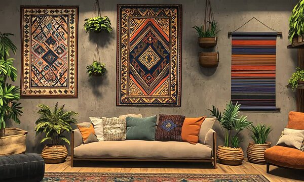 Living room interior with a couch and a rug in front of a wall with patterned tapestries and hanging plants.