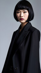 asian female,. She wears a structured, all-black power suit with a dramatic cape blazer, wide-legged trousers, and pointed black stilettos