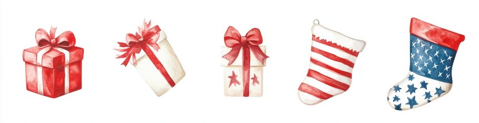 Fototapeta premium A festive arrangement of decorated gifts and stockings, perfect for holiday celebrations and seasonal decorations.