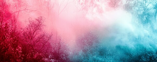 Fototapeta premium Ethereal Forest Landscape with Colorful Mist in Shades of Pink and Blue, Mystical Atmosphere Captured in Nature, Perfect for Artistic and Dreamy Visuals