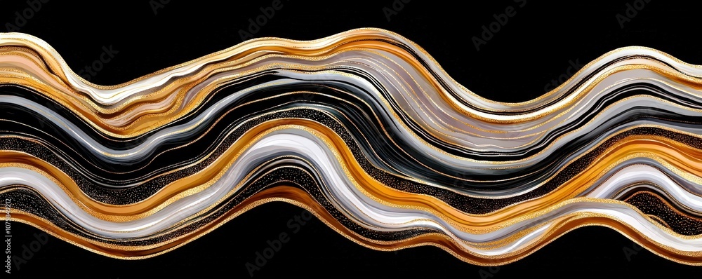 Poster abstract swirling wave patterns with rich textures of gold, black, white, and gray create a visually