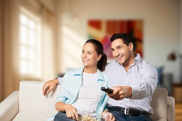 Beautiful overjoyed couple talking spend time together