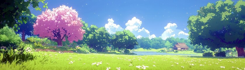 Obraz premium Tranquil Landscape with Cherry Blossom Tree, Lush Green Grass, Vibrant Sky, and Idyllic House Beside Serene Lake in a Bright Daylight Setting