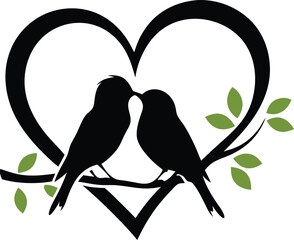 Obraz premium Vector illustration of two birds kissing inside a heart with leafy accents, perfect for love, romance, and nature-themed designs