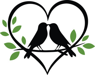 Vector illustration of two birds kissing inside a heart with leafy accents, perfect for love, romance, and nature-themed designs