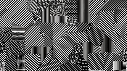Abstract Black and White Pattern Design Featuring Various Geometric Shapes and Textures Ideal for Artistic and Modern Backgrounds or Textiles