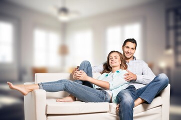 Beautiful overjoyed couple talking spend time together