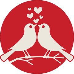 Charming vector illustration of lovebirds kissing with a red circle background and heart accents, ideal for love and romance themes.