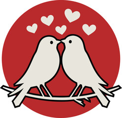 Charming vector illustration of lovebirds kissing with a red circle background and heart accents, ideal for love and romance themes.