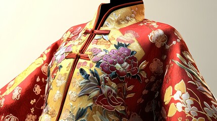 Naklejka premium Exquisite Chinese-style silk clothes with a smooth texture, designed for nobility. The elegant garment stands out in high-resolution detail, showcasing intricate craftsmanship and luxurious fabric. 