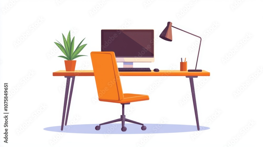 Aufkleber flat design workspace: empty office desk with a computer