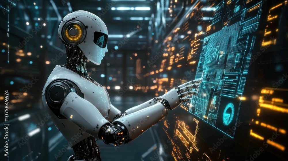 Poster robot humanoid working with digital code hologram screen 3d rendering - generated ai