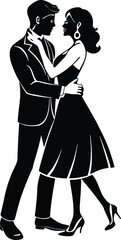 Elegant vector illustration of a dancing couple in black-and-white silhouette, perfect for romantic-themed designs and dance-related projects