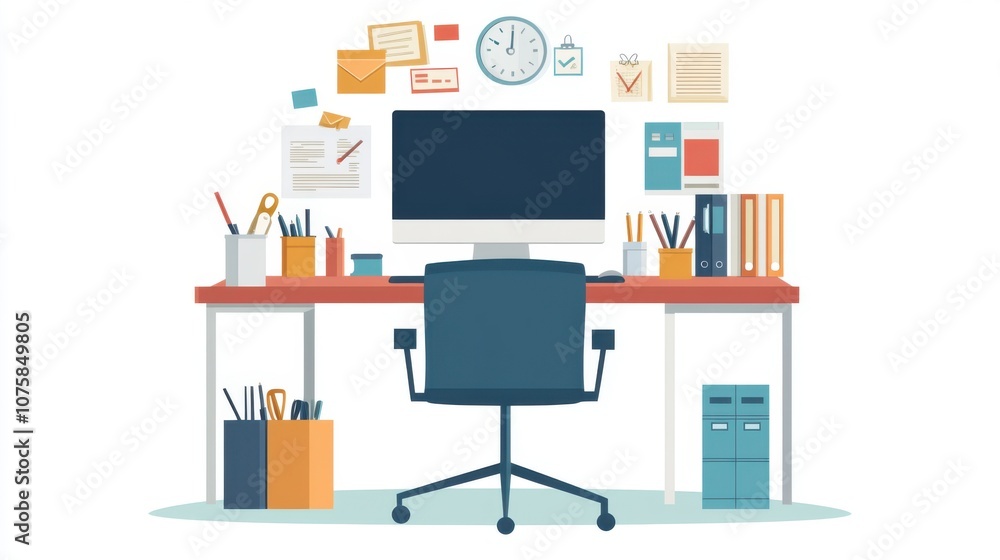 Poster flat vector illustration of a work desk with a desktop computer,
