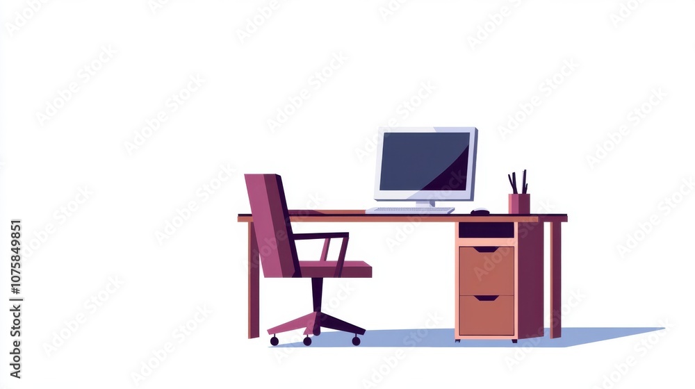 Aufkleber flat vector illustration of an empty work desk with a desktop computer