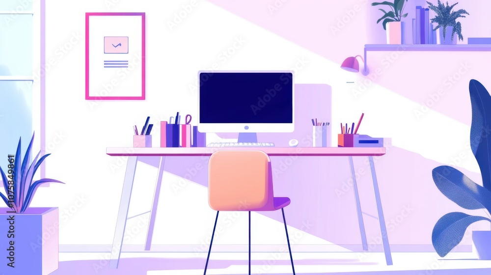 Poster flat vector illustration of a work desk with a desktop computer,