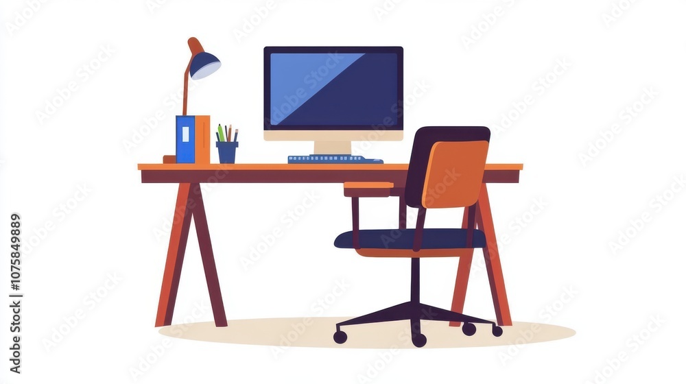 Poster flat vector illustration of an empty work desk with a desktop computer