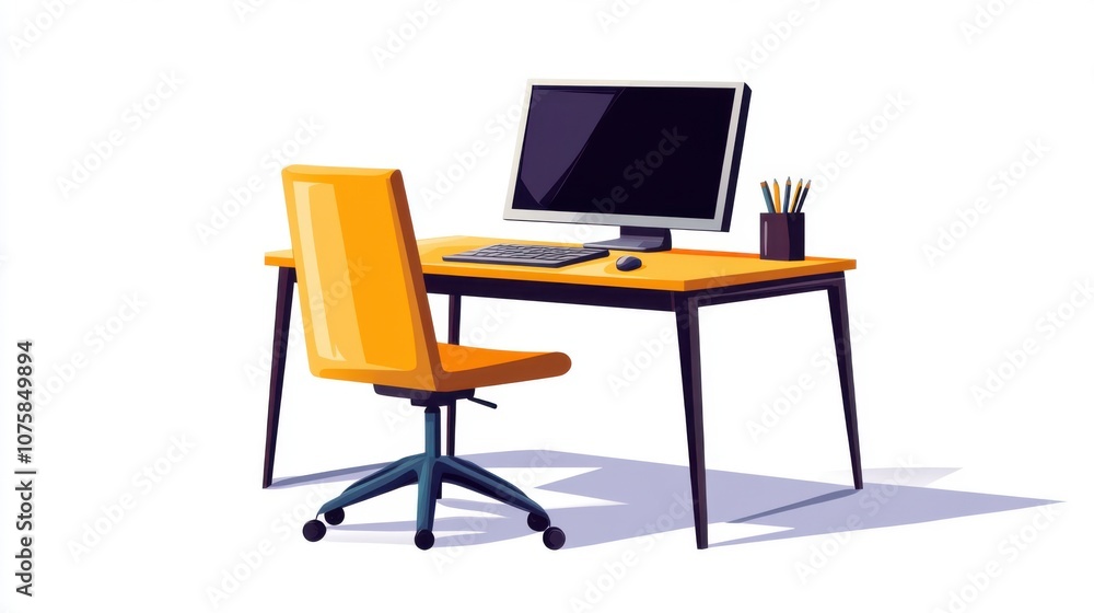 Aufkleber flat vector illustration of an empty work desk with a desktop computer