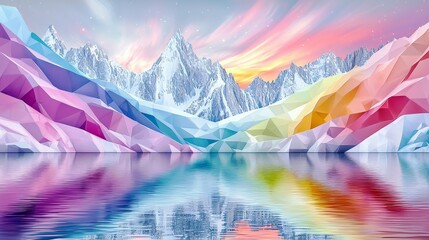 Stunning Geometric Landscape with Abstract Mountains and Colorful Reflections on Water during Sunset in a Low Poly Style Art Design